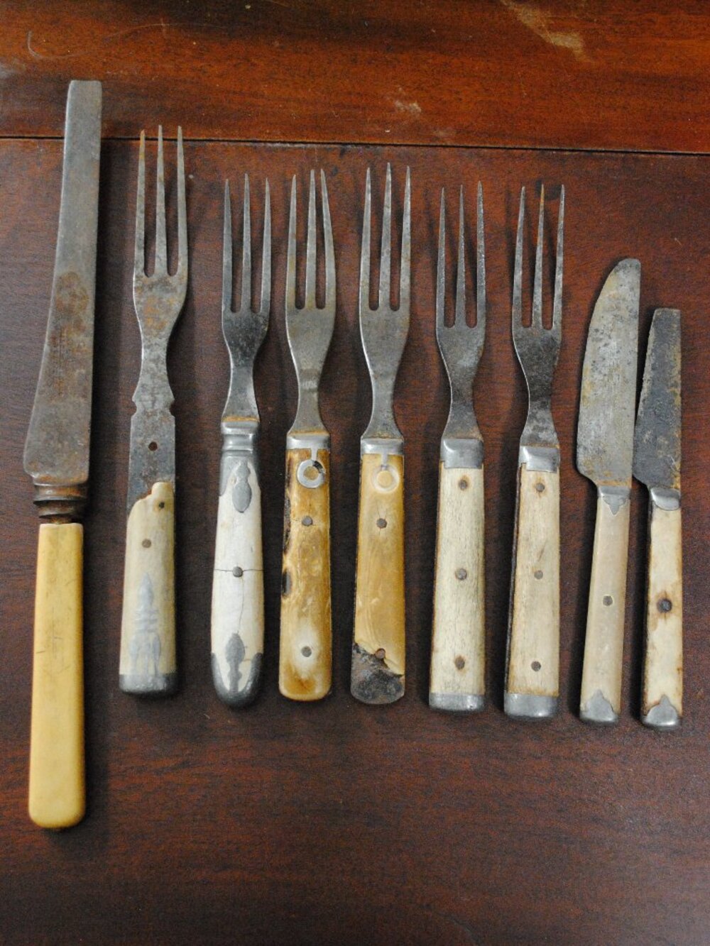 Lot of 9 Antique Antler/Bone Handle Cutlery Flatware Pieces Damaged 1800s 19c